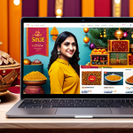 "A vibrant online marketplace featuring diverse products, with shoppers browsing on laptops and mobile phones, Hindi text on banners promoting sales, warm color palette, festive atmosphere, Diwali decorations, safe for work, appropriate content, fully clothed, professional, family-friendly"