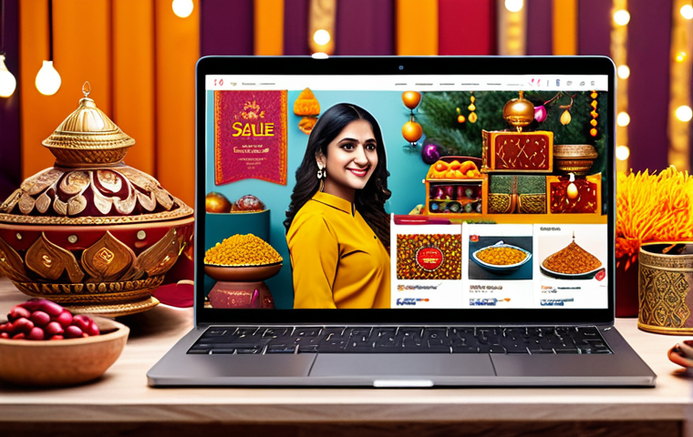 "A vibrant online marketplace featuring diverse products, with shoppers browsing on laptops and mobile phones, Hindi text on banners promoting sales, warm color palette, festive atmosphere, Diwali decorations, safe for work, appropriate content, fully clothed, professional, family-friendly"