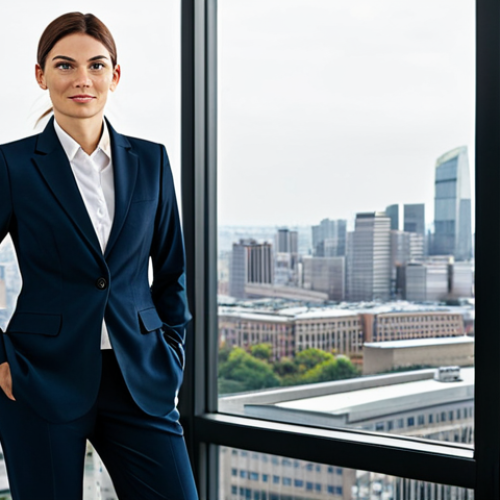 Home 9 **
A professional businesswoman in a modest business suit, standing confidently in a modern office with large windows overlooking a cityscape, fully clothed, appropriate attire, safe for work, perfect anatomy, natural proportions, professional photography, high quality, family-friendly.
**