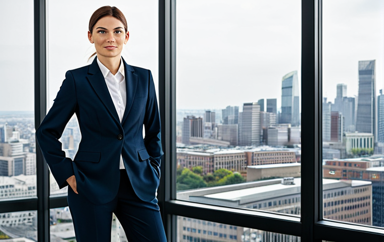 **

A professional businesswoman in a modest business suit, standing confidently in a modern office with large windows overlooking a cityscape, fully clothed, appropriate attire, safe for work, perfect anatomy, natural proportions, professional photography, high quality, family-friendly.

**