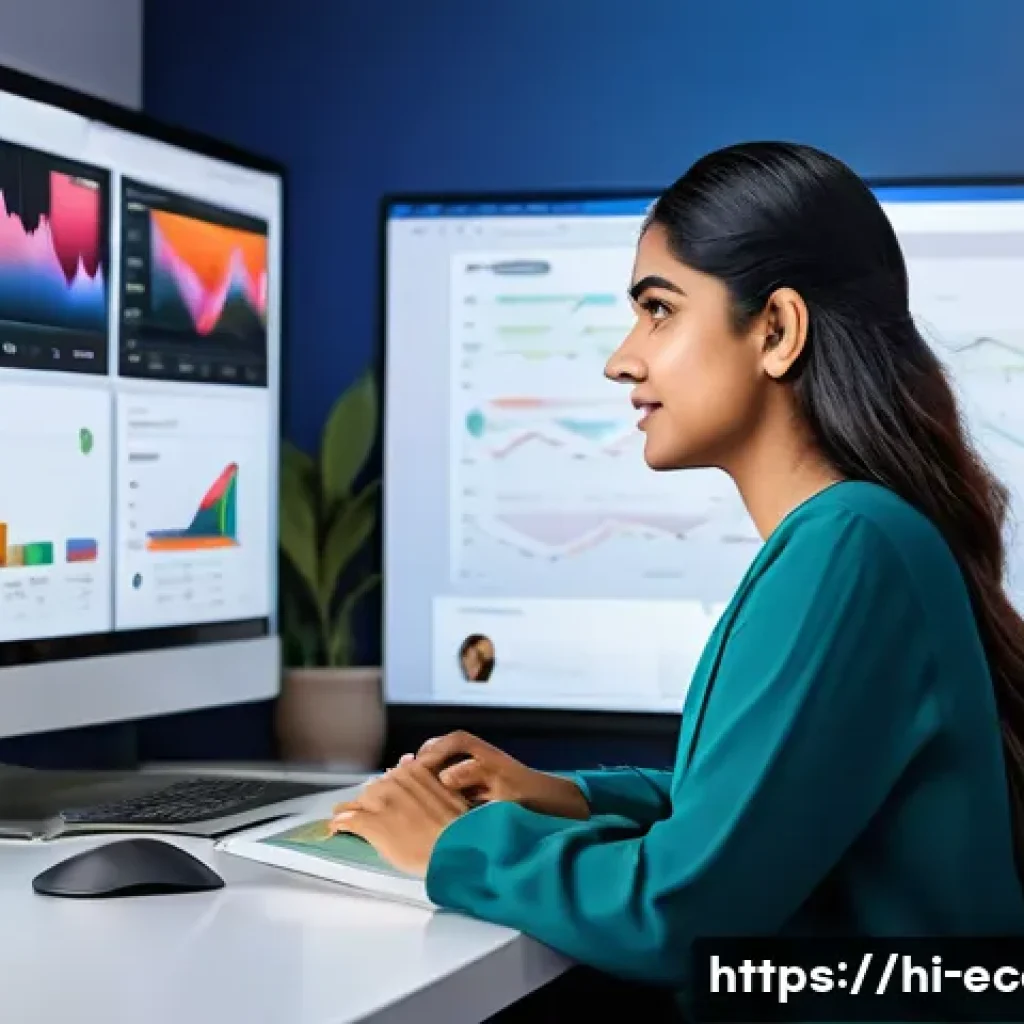 전자상거래 실무에서 경험한 성공적인 마케팅 사례 - A vibrant digital marketing workspace showing a diverse Indian professional woman analyzing real-tim...