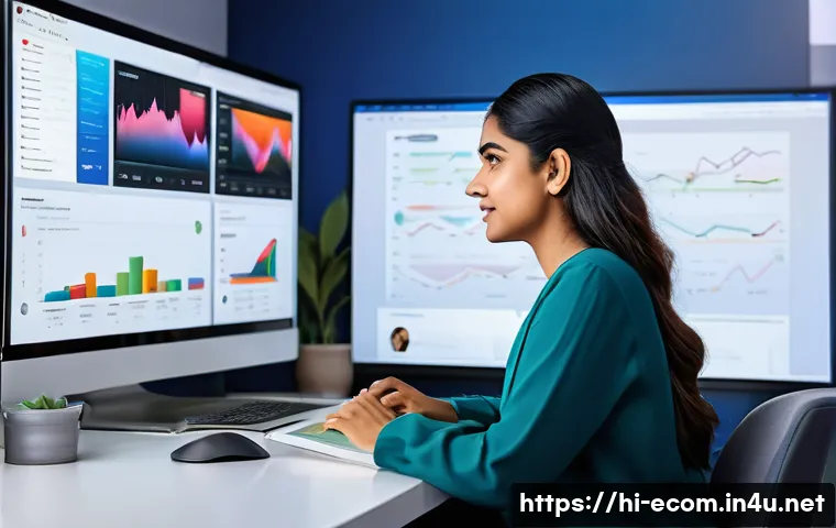 전자상거래 실무에서 경험한 성공적인 마케팅 사례 - A vibrant digital marketing workspace showing a diverse Indian professional woman analyzing real-tim...