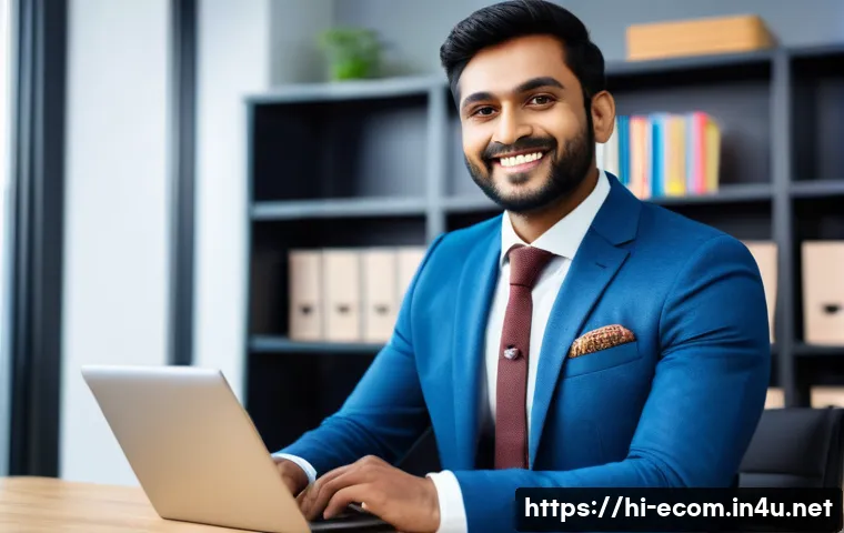 전자상거래 자격증을 활용한 이직 준비 전략 - A professional Indian man in his late 20s confidently presenting his e-commerce certification on a s...