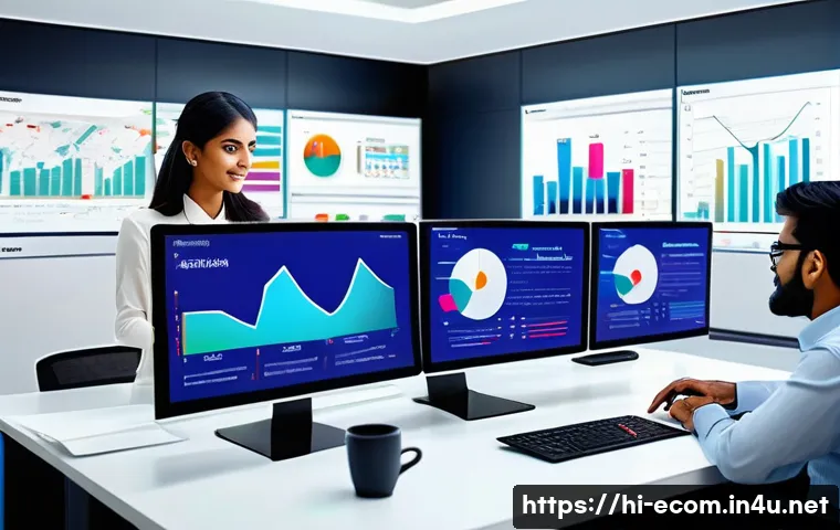 전자상거래 실기 시험 대비 고객 분석 공부법 - A modern e-commerce office scene showing a diverse team of Indian professionals analyzing customer d...