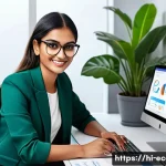 Home 21 전자상거래 자격증으로 경력을 확장한 성공 이야기 - A detailed digital marketing workspace scene showing a young Indian professional woman with medium s...