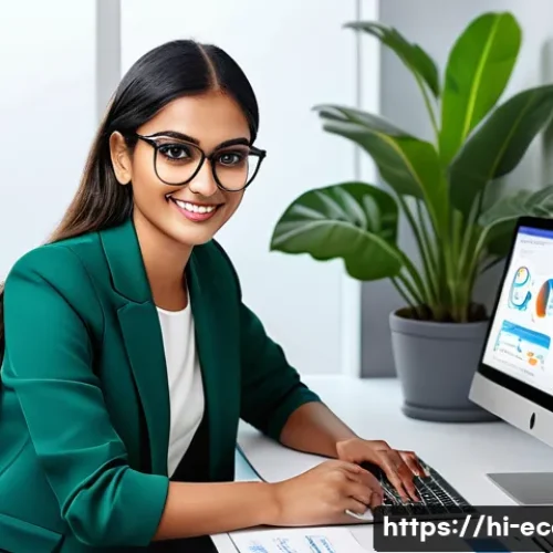 Home 33 전자상거래 자격증으로 경력을 확장한 성공 이야기 - A detailed digital marketing workspace scene showing a young Indian professional woman with medium s...