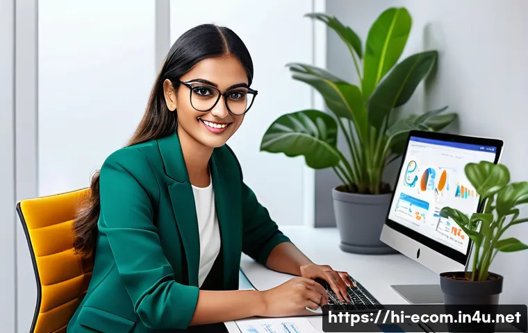 전자상거래 자격증으로 경력을 확장한 성공 이야기 - A detailed digital marketing workspace scene showing a young Indian professional woman with medium s...