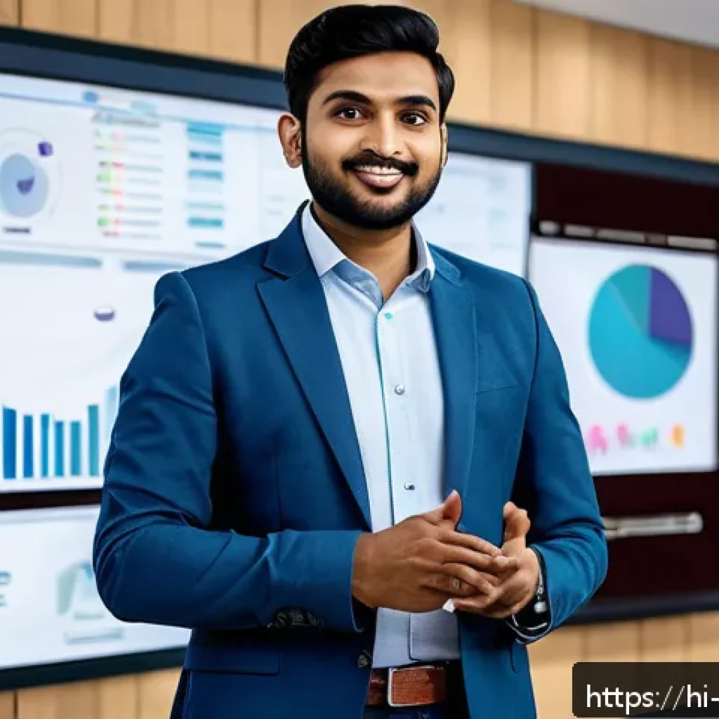 전자상거래 자격증으로 이커머스 업계 이직 성공기 - A professional Indian man in his late 20s wearing smart casual attire, confidently giving a presenta...