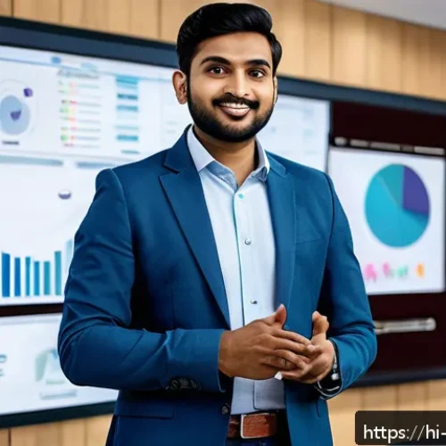 Home 32 전자상거래 자격증으로 이커머스 업계 이직 성공기 - A professional Indian man in his late 20s wearing smart casual attire, confidently giving a presenta...