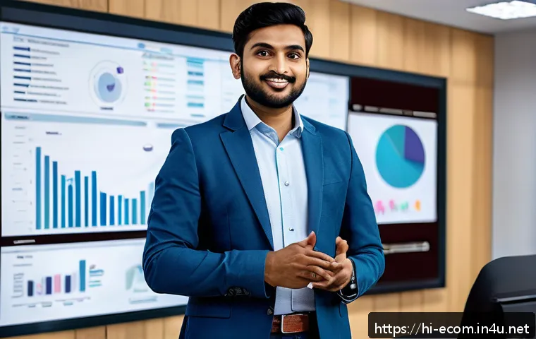 전자상거래 자격증으로 이커머스 업계 이직 성공기 - A professional Indian man in his late 20s wearing smart casual attire, confidently giving a presenta...