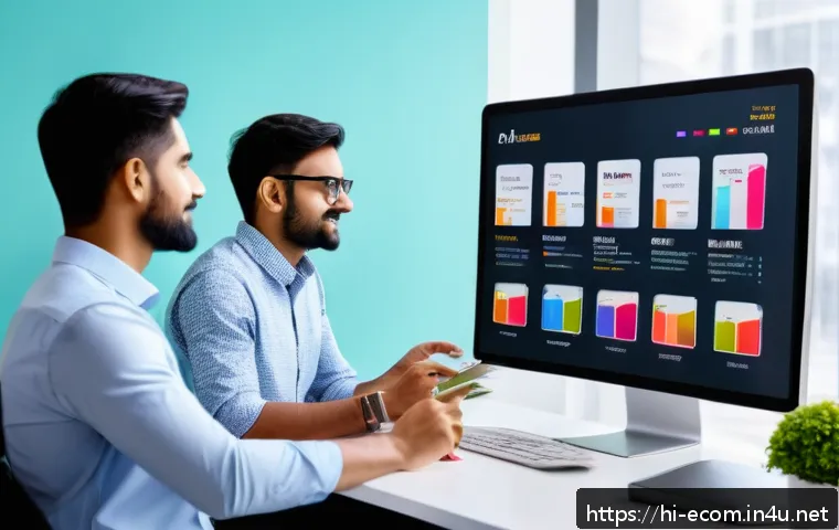 전자상거래 실무와 관련된 마케팅 자동화 사례 - A vibrant, modern e-commerce workspace scene showing a diverse team analyzing customer behavior data...