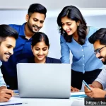 Home 23 전자상거래 자격증 취득 후 IT 프로젝트 참여 후기 - A diverse team of Indian IT professionals collaborating in a modern office environment, focusing on ...