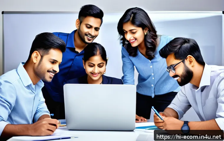 전자상거래 자격증 취득 후 IT 프로젝트 참여 후기 - A diverse team of Indian IT professionals collaborating in a modern office environment, focusing on ...